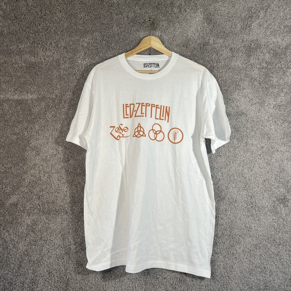 Led Zeppelin T-Shirt Men's Large White Cotton Crewneck Short Sleeve Band Tee